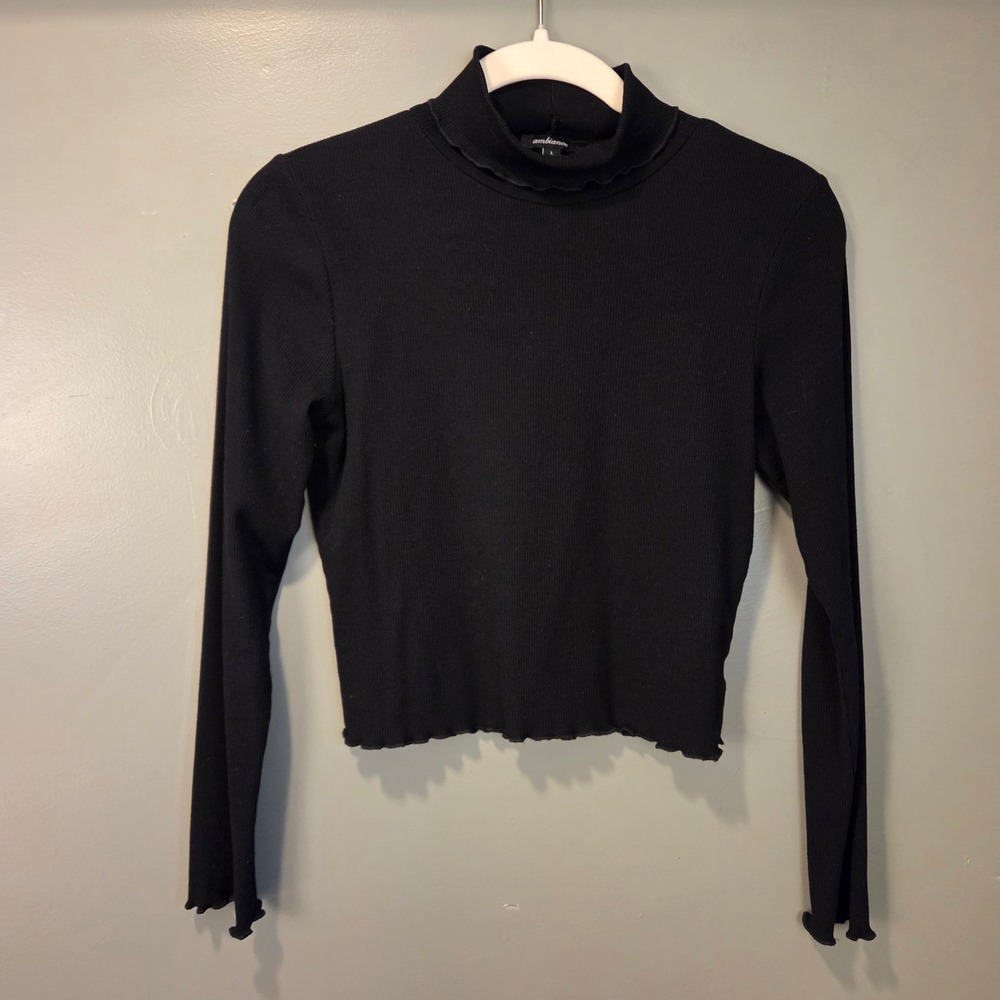 Ambiance Women's Ribbed Long Sleeve Turtleneck Cropped, Size L, Black